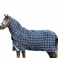 Horseware - Couverture d'extérieur Rhino plus Vari Layer avec couvre-cou marine à carreaux/ sarcelle 250g